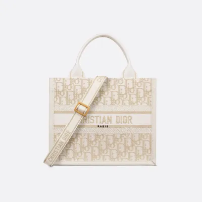 Dior Small Dior Book Tote In Natural Dior Oblique Embroidery And Calfskin Gold Hardware