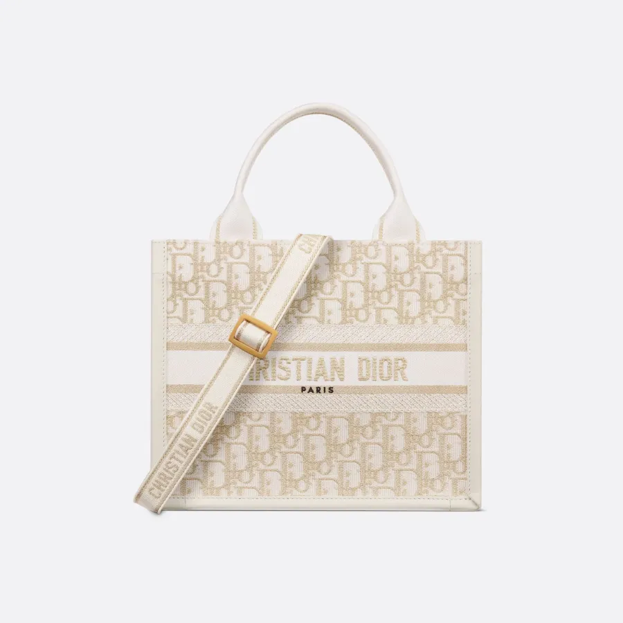 Dior Small Dior Book Tote In Natural Dior Oblique Embroidery And Calfskin Gold Hardware