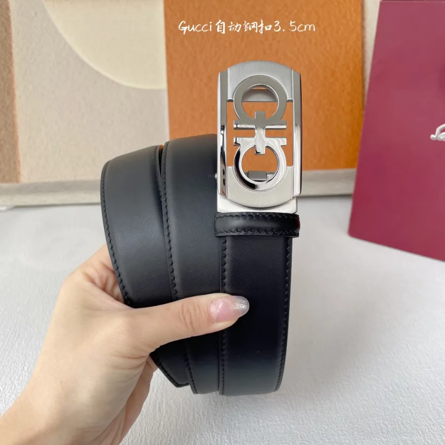 Ferragamo Men's Rectangled Double Gancini Buckle Belt In Black Calfskin With Gold/Silver Hardware 35mm