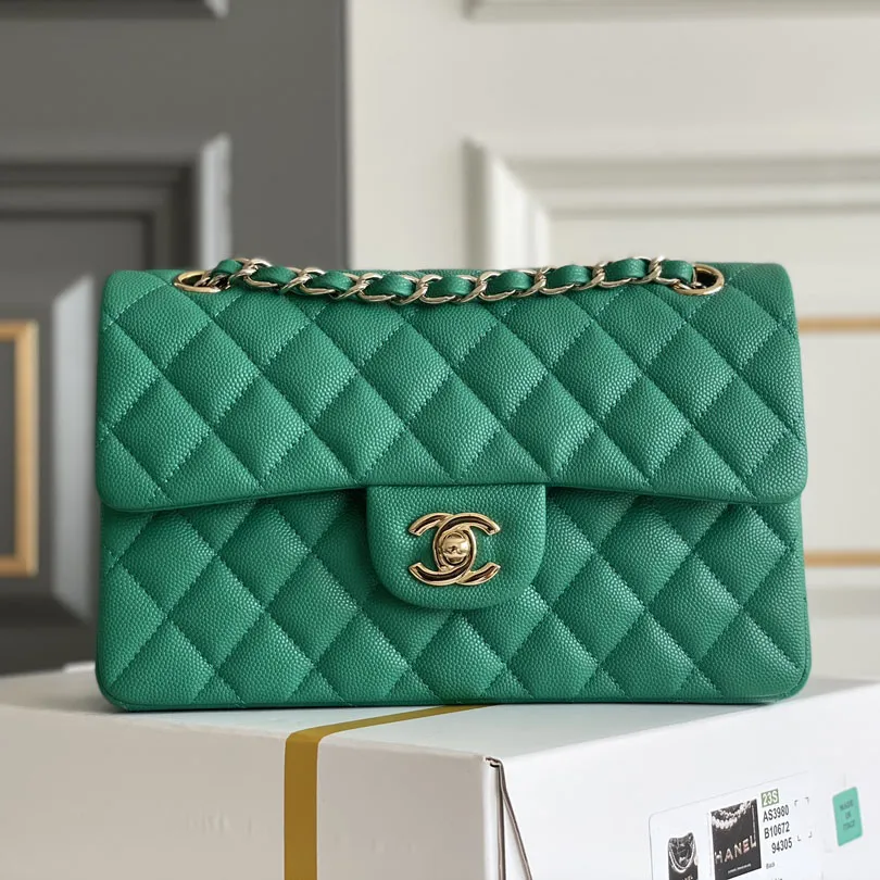 Chanel CF Green / Pink Quilted Caviar Leather Crossbody Bags