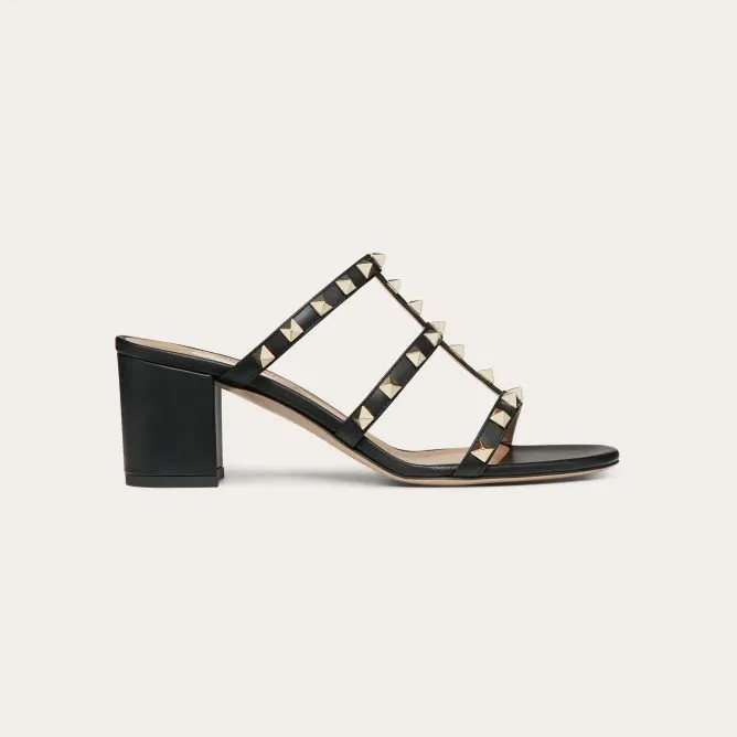 VALENTINO Black calfskin rivet heel sandals (heel height 6cm)