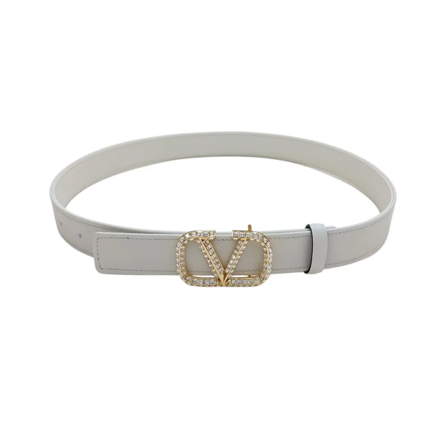 Valentino V Buckle With Crystal Belt In Black/Blue/Pink/Brown/White Calfskin With Gold Hardware 30mm