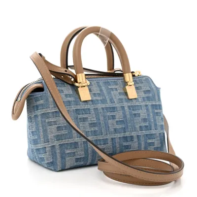 Fendi FF Mini By The Way Top Handle Boston Bag Tortora/Nuvola Denim & King Vitello Leather Gold Hardware