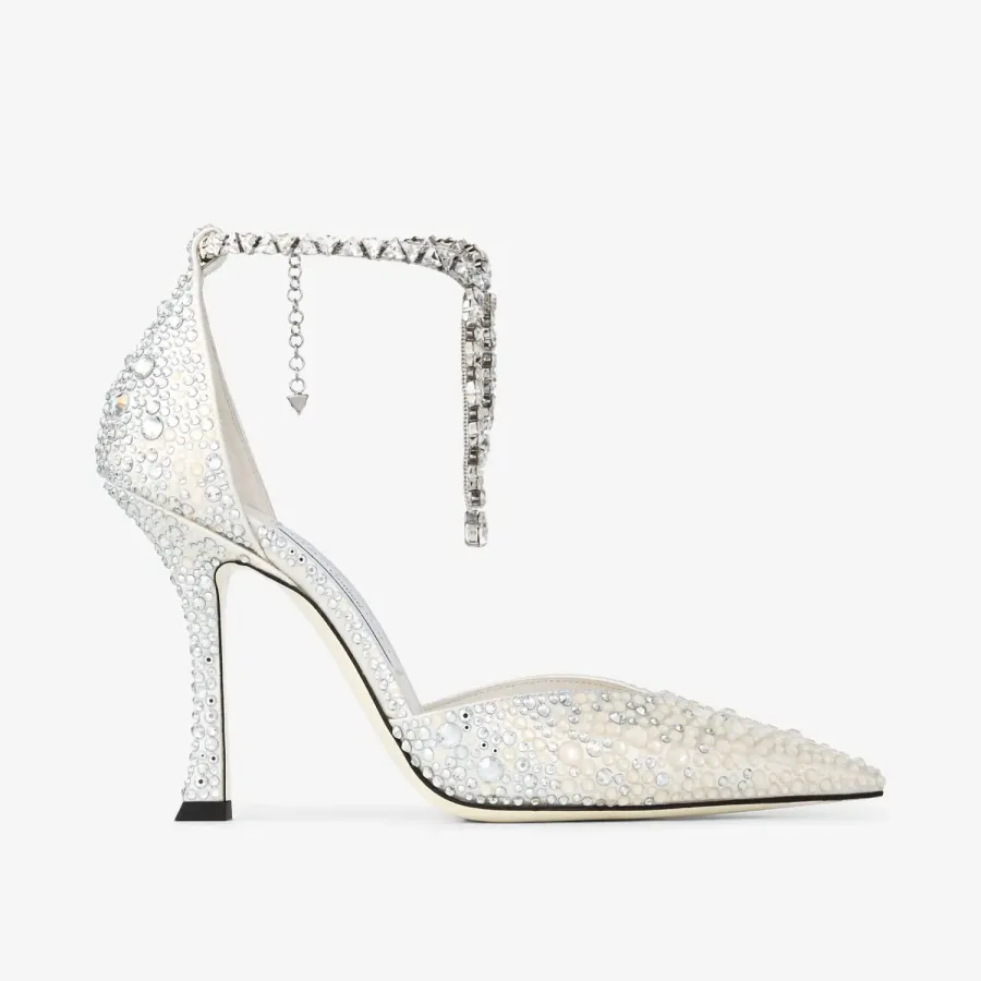 JIMMY CHOO Crystal decorated ivory white satin heels