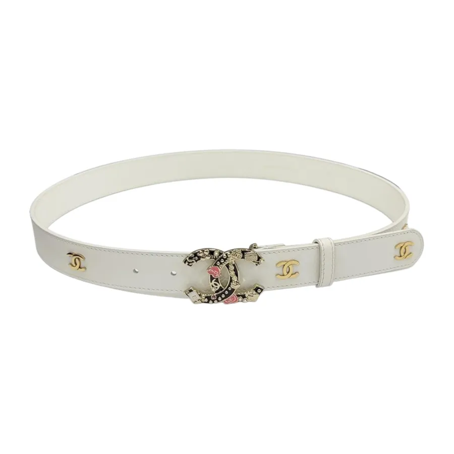 Chanel Women's Decorative CC Buckle Belt In White/Black/Red/Burgundy Calfskin With Gold Hardware 30mm