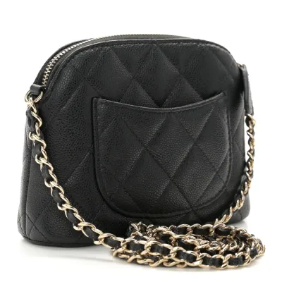 Chanel Classic Clutch With Chain Small Black Quilted Caviar Leather Light Gold Hardware