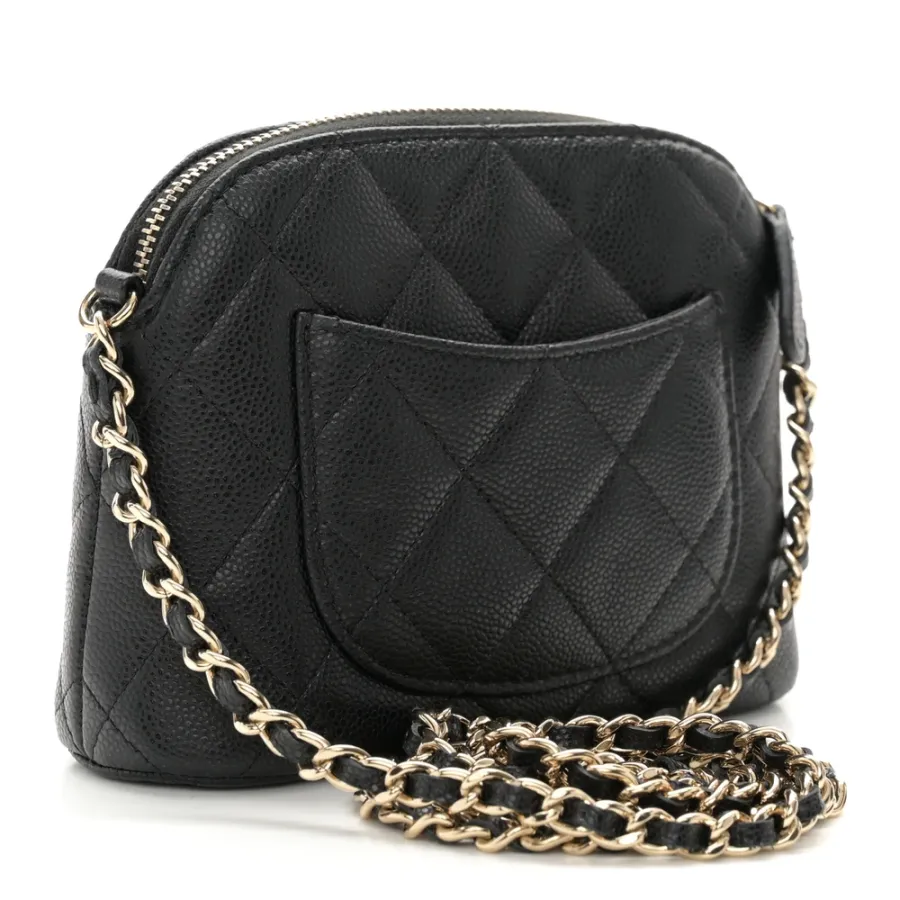 Chanel Classic Clutch With Chain Small Black Quilted Caviar Leather Light Gold Hardware