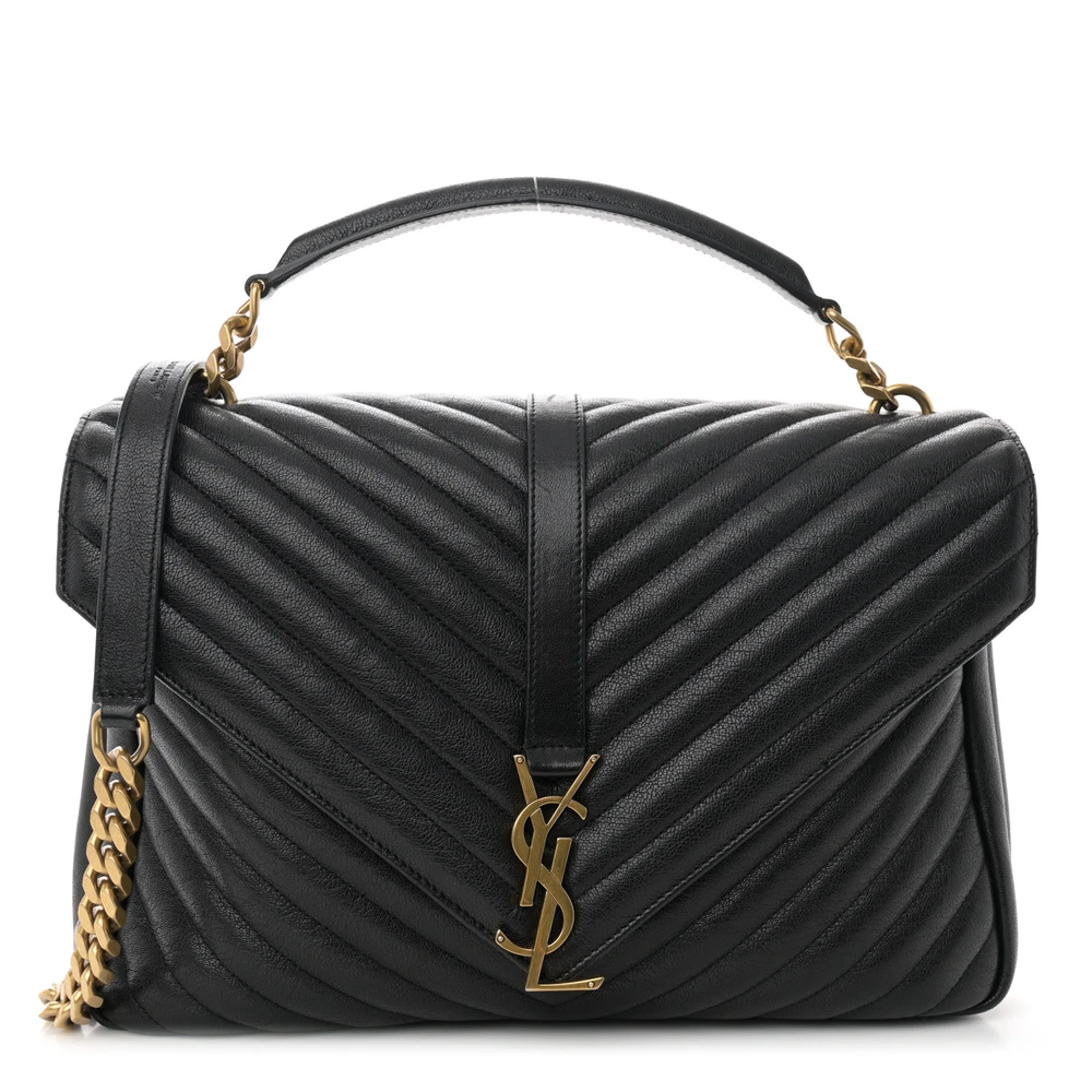 Saint Laurent Bolsa Satchel Grande College Preto Chevron Monograma Pele de Ovelha Matelassê Couro Hardware Envelhecido Dourado
