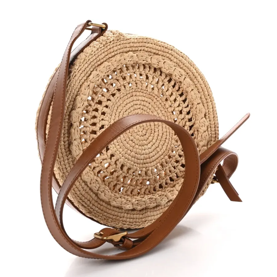 Saint Laurent Small Sac Round Bag Natural Raffia Aged Gold Hardware