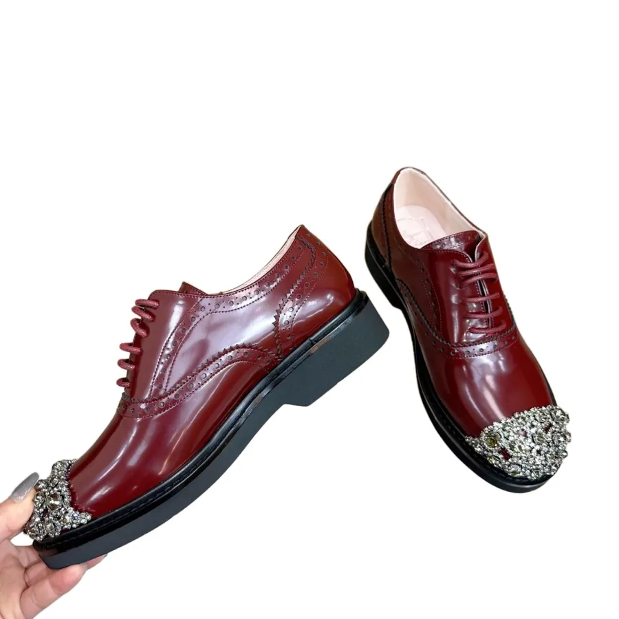 Roger Vivier Viv' Rangers Lace-Ups Loafers In White/Red Leather With Crystal Flowers