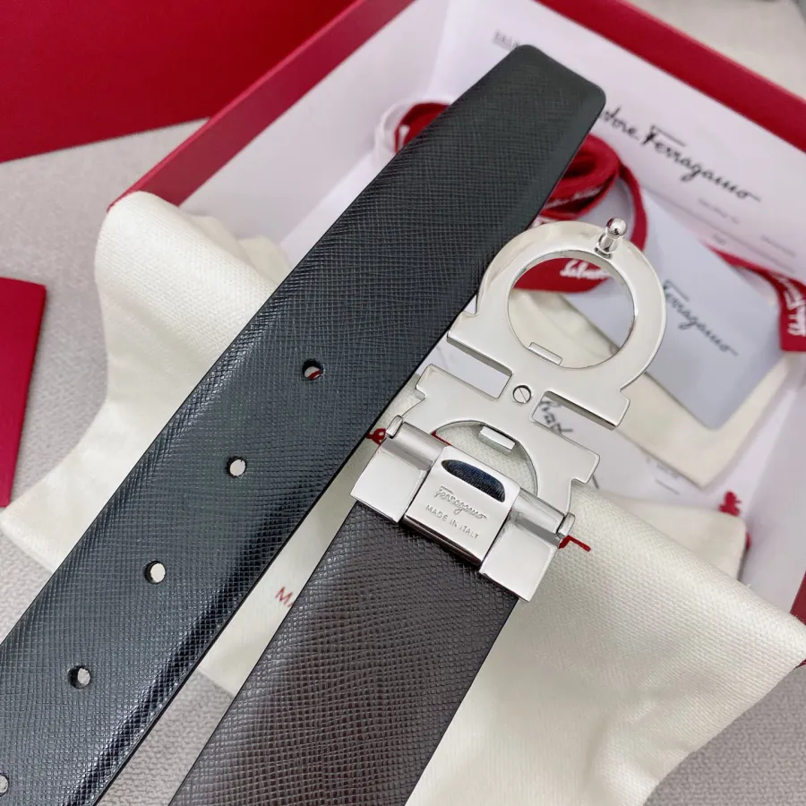 Ferragamo Men's Double Gancini Buckle Belt In Black/Coffee Grained Calfskin With Silver Hardware 35mm