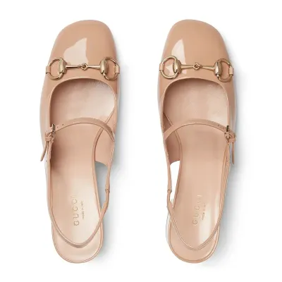 Gucci patent leather Square toed, thick heeled, horseneck buckle, shallow high-heeled shoes