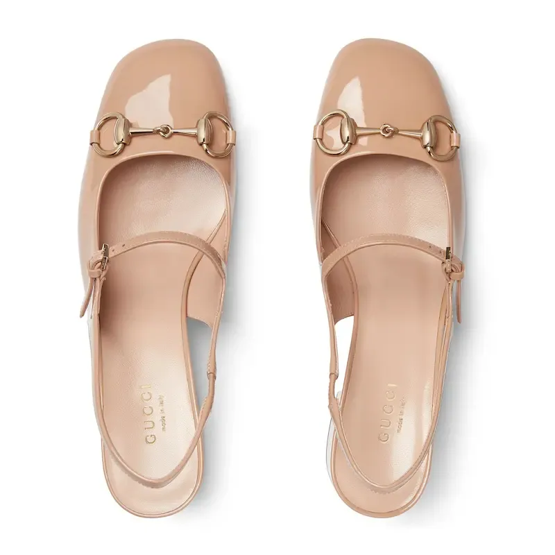 Gucci patent leather Square toed, thick heeled, horseneck buckle, shallow high-heeled shoes