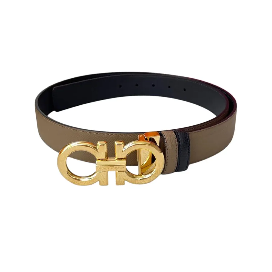 Ferragamo Men's Double Gancini Buckle Reversible Belt In Khaki/Black Calfskin With Gold/Silver/Gun Black Hardware 35mm