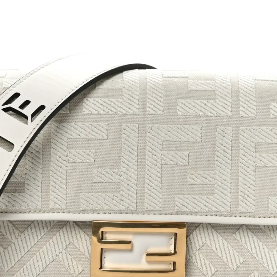 Fendi Extra Strap FF Embroidered Baguette White Ice Canvas & King Vitello Leather Gold Hardware