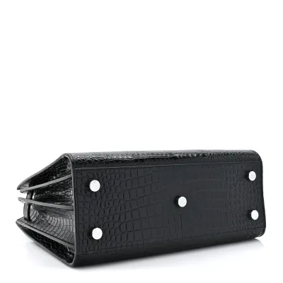 Saint Laurent Small Sac De Jour Black Embossed Calfskin & Crocodile Leather Silver Hardware