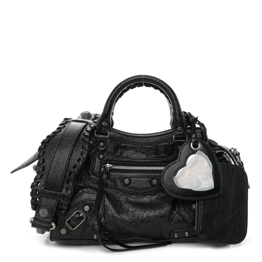Balenciaga XS Neo Cagole Bolsa Preta Couro Agneau Arena Hardware Prateado