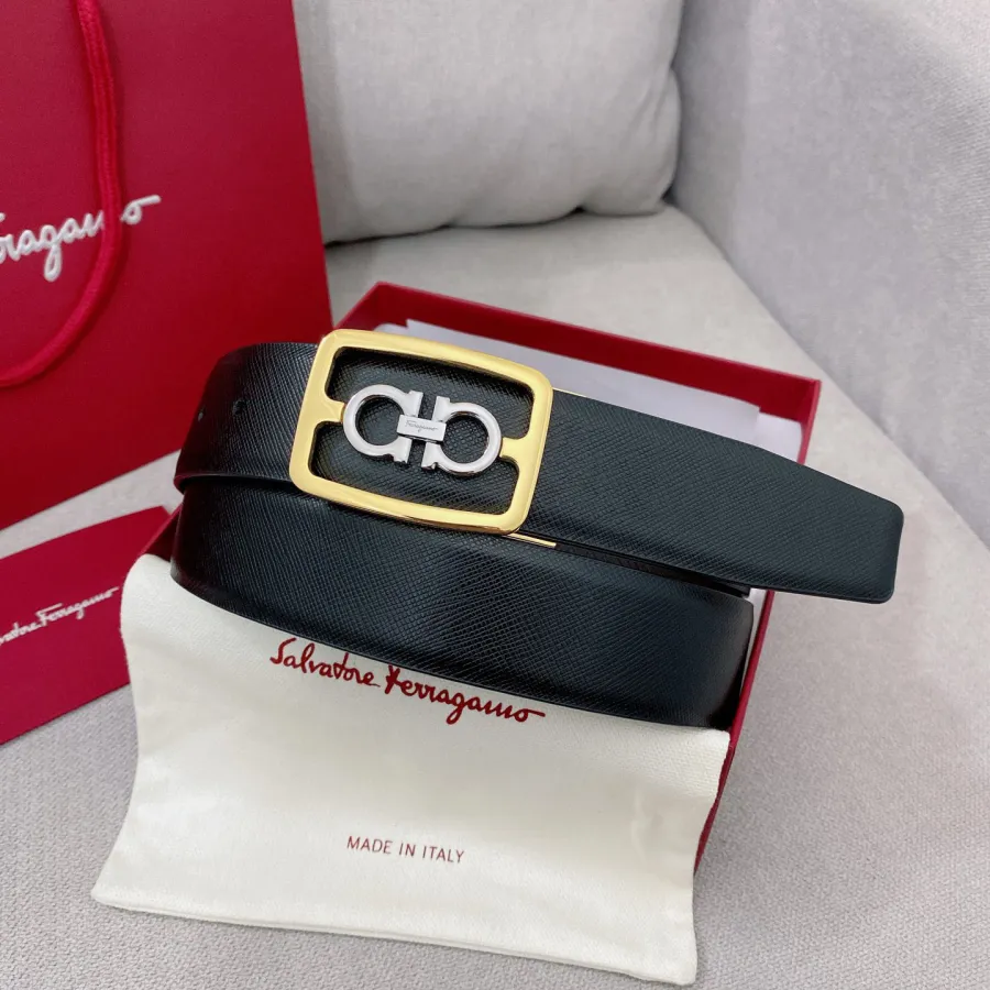 Ferragamo Men's Square Buckle Belt In Black/Coffee Grained Calfskin With Gold/Silver Hardware 35mm