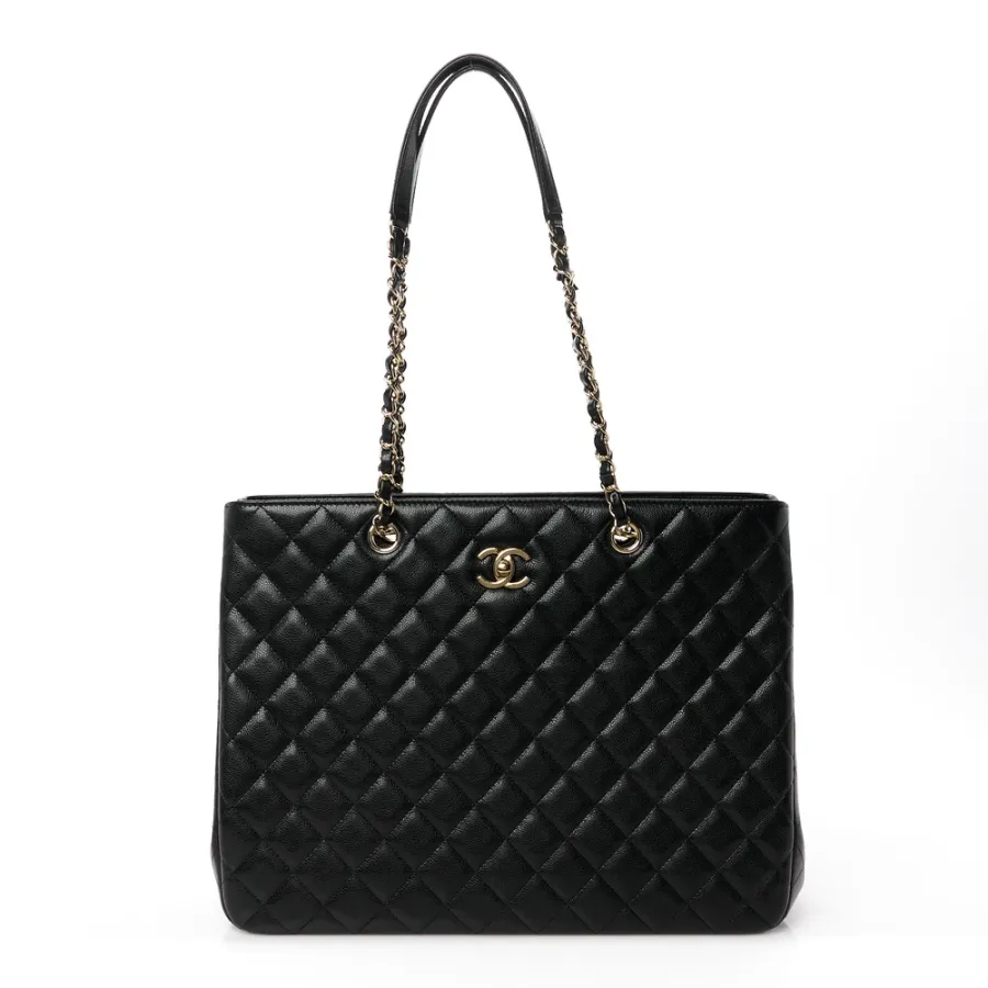 Chanel Shopping Tote Large Black Quilted Caviar Leather Light Gold Hardware
