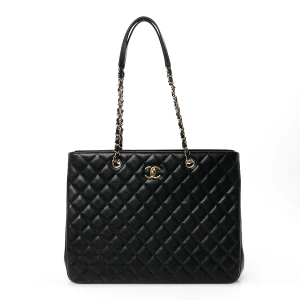 Chanel Shopping Tote Large Black Quilted Caviar Leather Light Gold Hardware