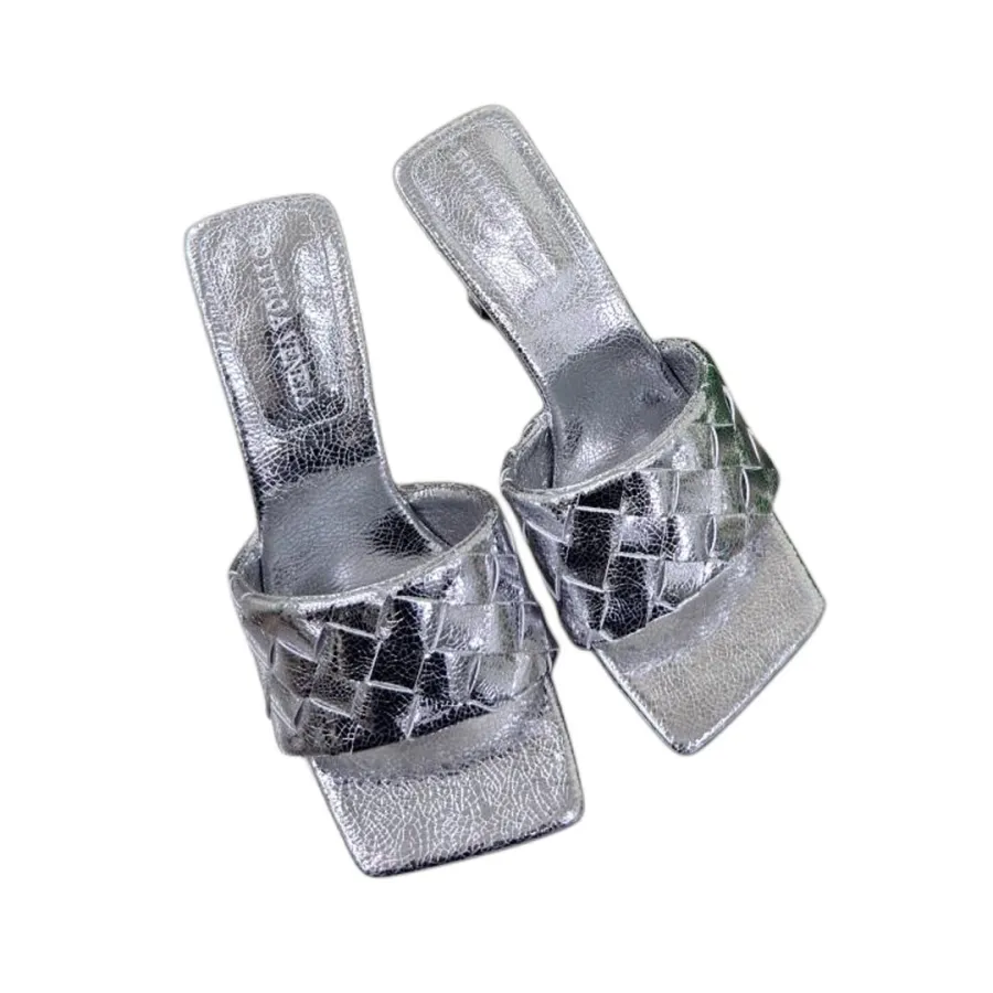 Bottega Veneta Parco Mule In Silver Intrecciato Leather Mule (Heel Height 9cm)