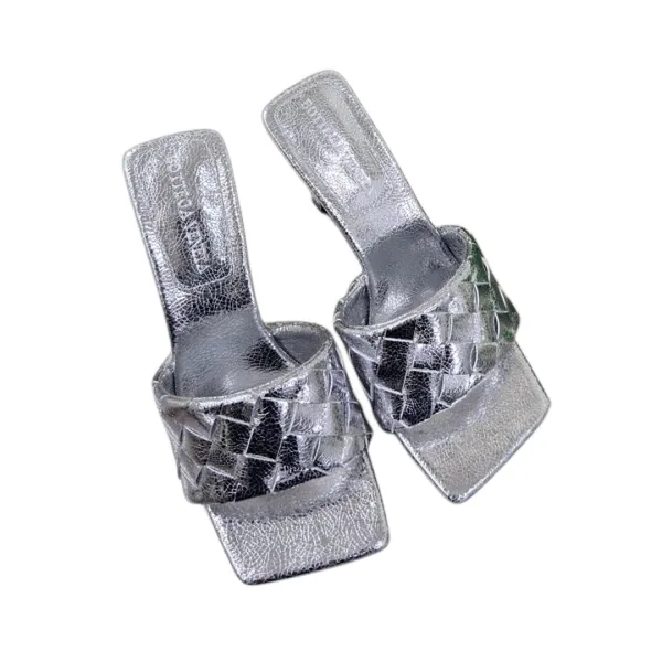 Bottega Veneta Parco Mule In Silver Intrecciato Leather Mule (Heel Height 9cm) - Image 4