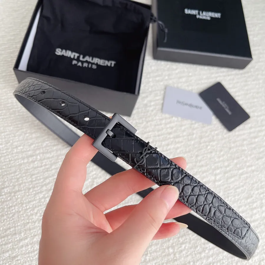 Saint Laurent Cassandre Belt In Black Crocodile-Embossed Calfskin With Gold/Silver/Black Hardware 20mm