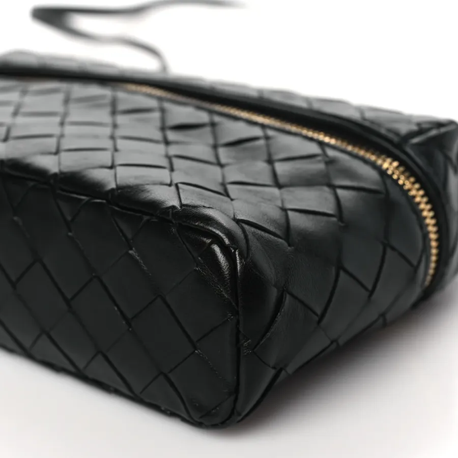 Bottega Veneta Medium Intrecciato Bang Bang Vanity Case Black Calfskin Leather Gold Hardware