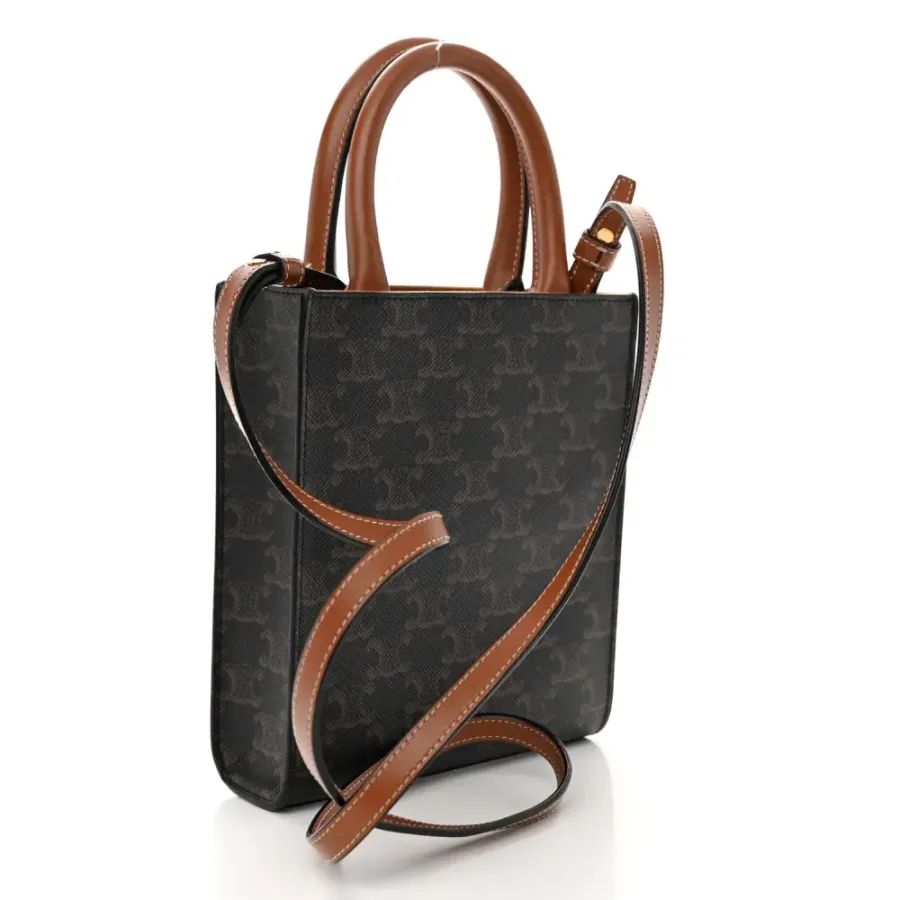 Celine Mini Vertical Cabas Tan Triomphe Canvas & Calfskin Leather Gold Hardware