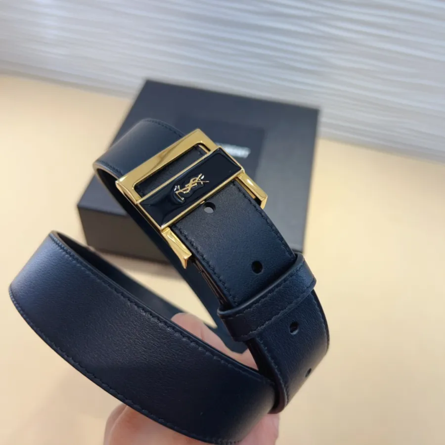 Saint Laurent GIO Belt In Black Box Calfskin With Gold/Silver Hardware 30mm
