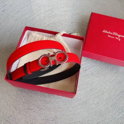 Ferragamo Women's Double Gancini Buckle With Crystals Adjustable Belt In Red/Brown/Green/Pink/Black/White/Burgundy/Khaki/Celery Grained Calfskin With Gold/Silver Hardware 25mm