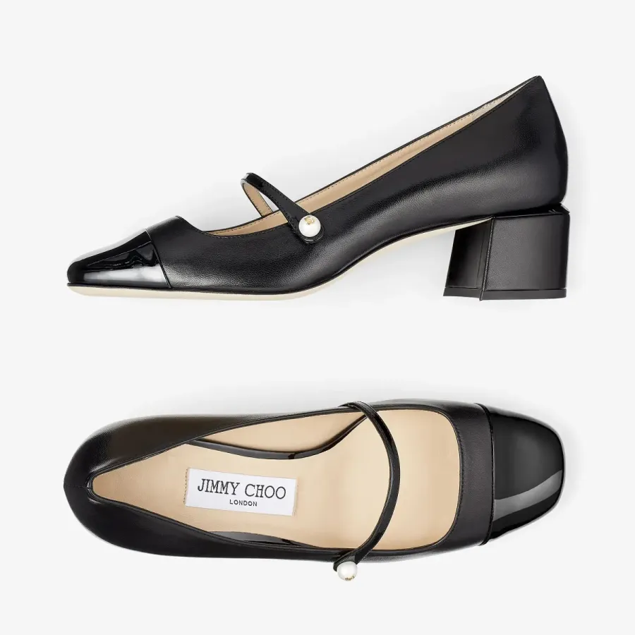 JIMMY CHOO Black leather and Patent paint leather heels Square head and thick heel shoes