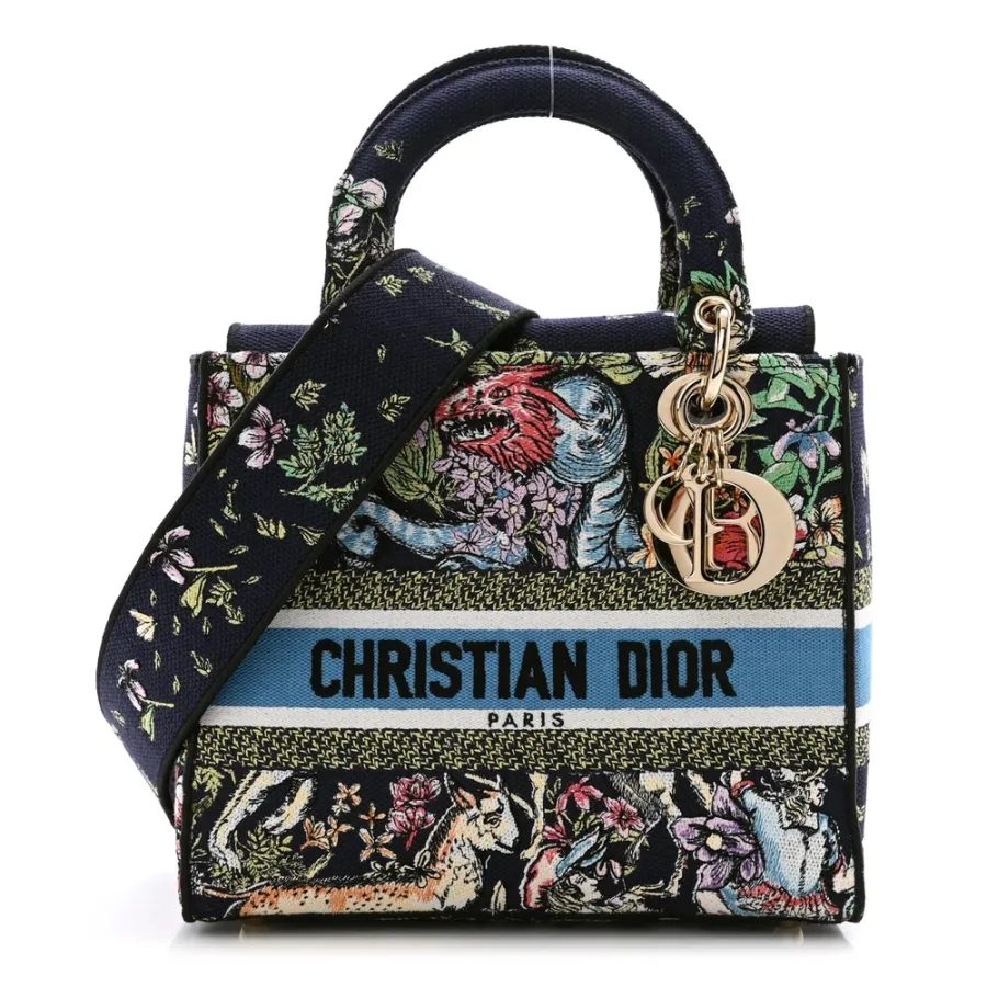 Dior Medium D-Constellation Lady D-Lite Blue Multicolor Embroidered Canvas Gold Hardware