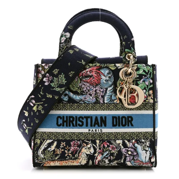 Dior Medium D-Constellation Lady D-Lite Blue Multicolor Embroidered Canvas Gold Hardware