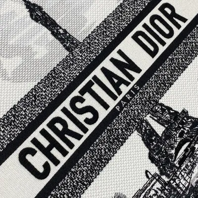 Dior Medium Dior Book Tote White and Black Paris Embroidery