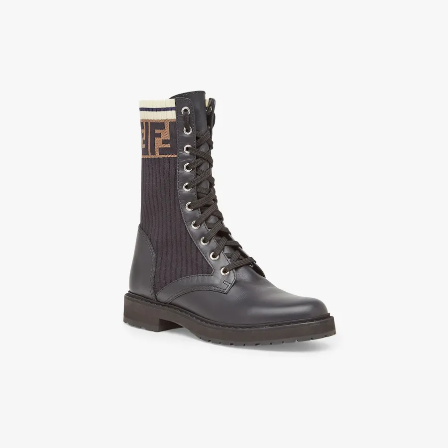 FENDI Stretchy fabric black leather motorcycle boots