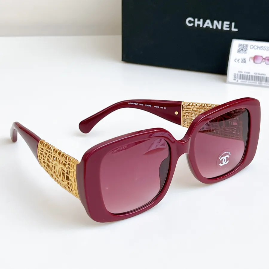 CHANEL square frame glasses red gold color size 54-20-140