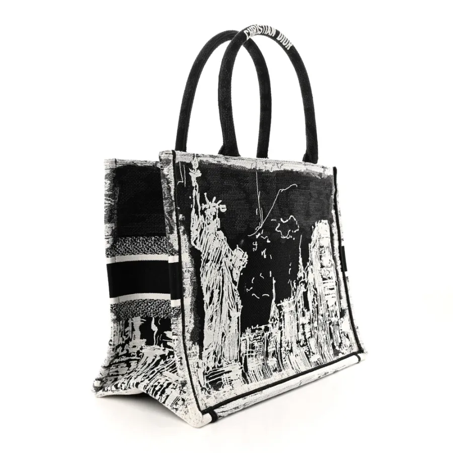 Dior Medium New York Book Tote Black/White Embroidered Canvas