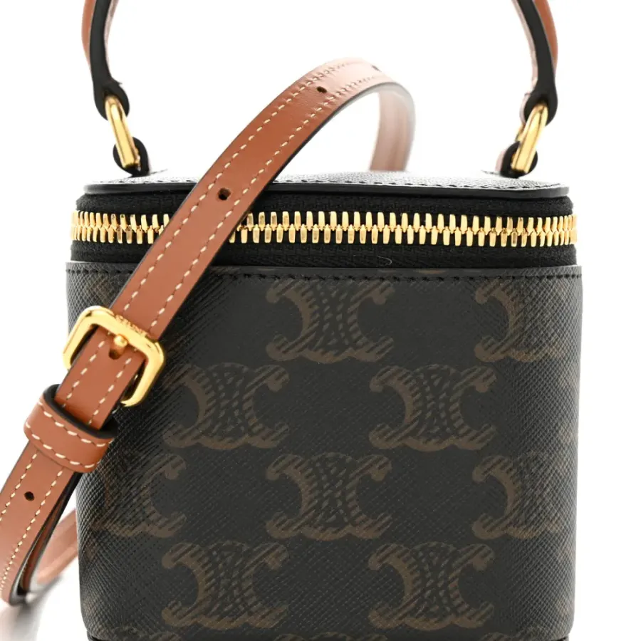 Celine Mini Vanity Case Tan Triomphe Canvas & Calfskin Leather Gold Hardware