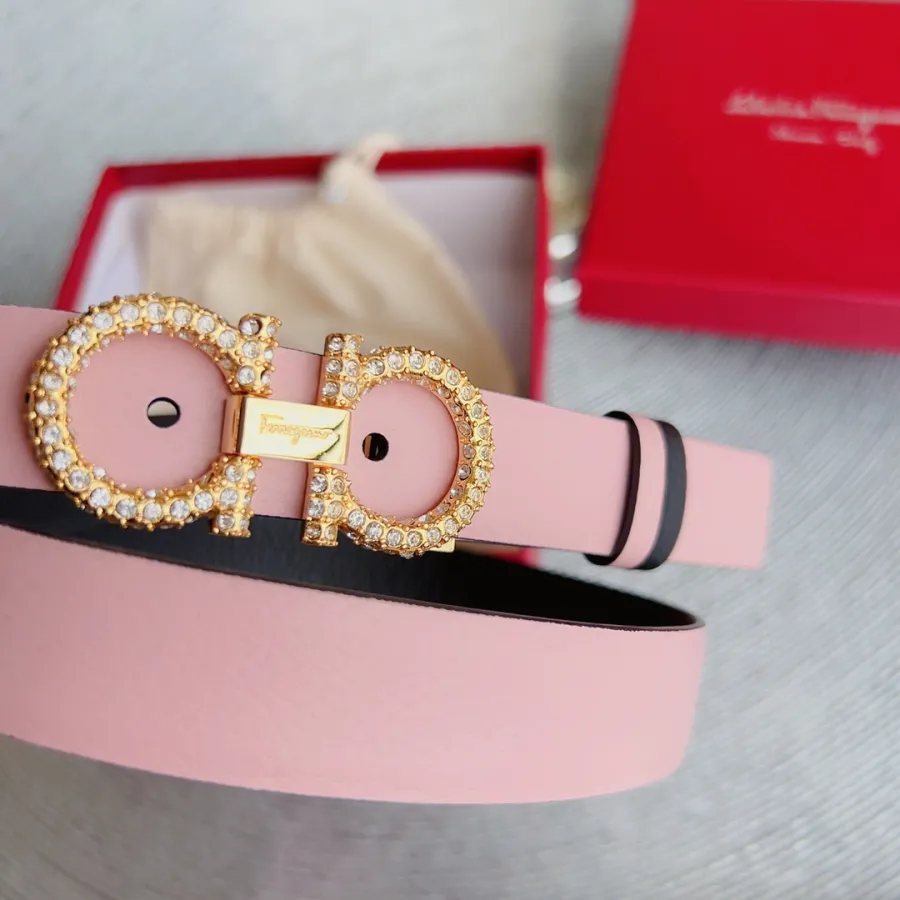 Ferragamo Women's Double Gancini Buckle With Crystals Adjustable Belt In Red/Brown/Green/Pink/Black/White/Burgundy/Khaki/Celery Grained Calfskin With Gold/Silver Hardware 25mm