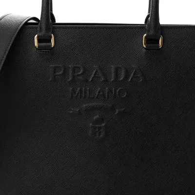 Prada Medium Lux Logo Embossed Shoulder Tote Handbag Black Saffiano Leather