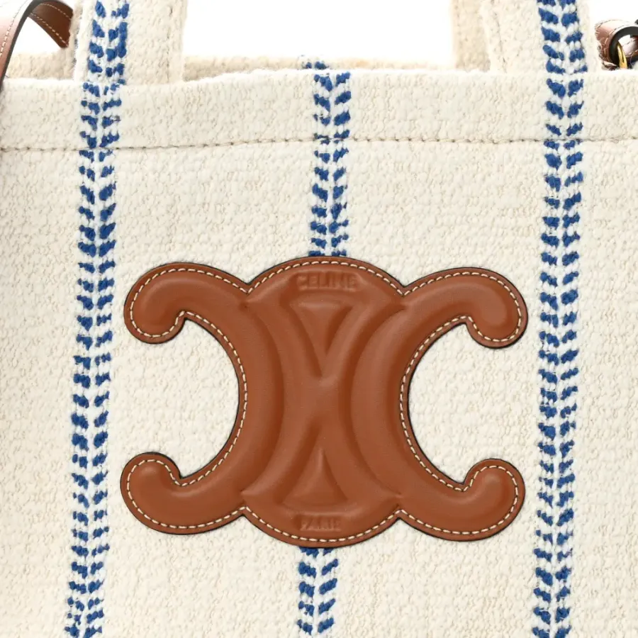 Celine Small Cabas Thais Tote Bag White/Blue Canvas & Calfskin Leather Stripe
