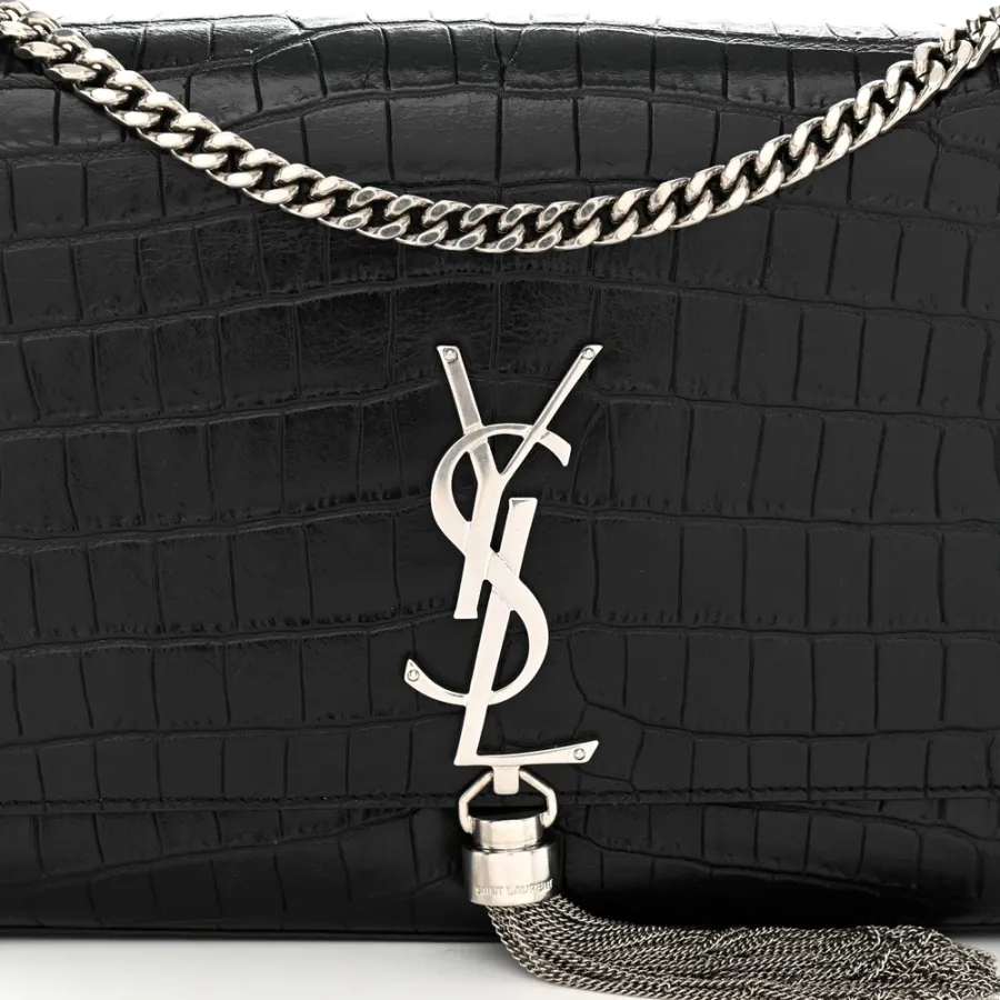 Saint Laurent Medium Kate Tassel Satchel Black Embossed Classic Monogram Calfskin & Crocodile Leather Silver Hardware