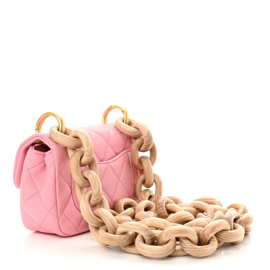 Chanel Wenge Wood Square Mini Pink Quilted Lambskin Leather Aged Gold Hardware
