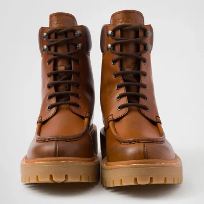 PRADA Lace-up ankle boots in cognac leather