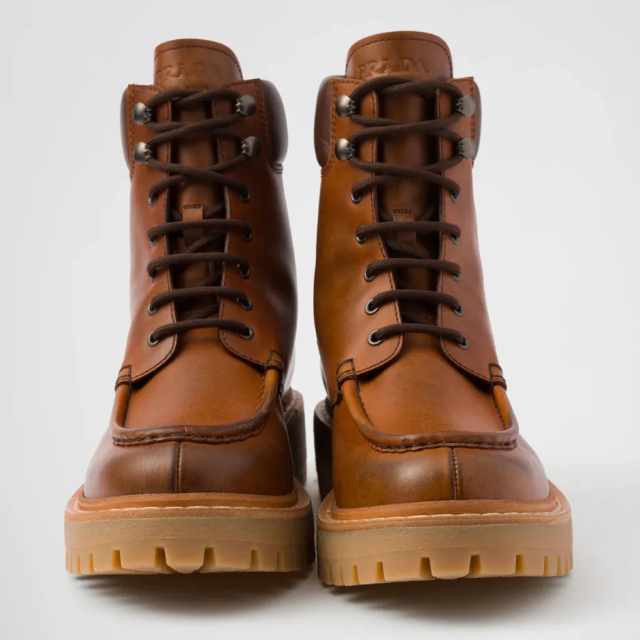 PRADA Lace-up ankle boots in cognac leather