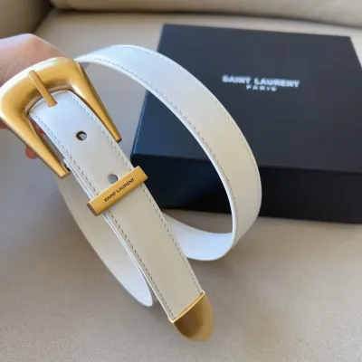 Saint Laurent Folk Buckle Belt In Black/White/Brown Smooth Leather With Gold/Silver Hardware 25mm