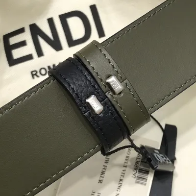 Fendi Men's Square Buckle Belt In Black/Olive Litchi Grain Calfskin With Silver Hardware 38mm
