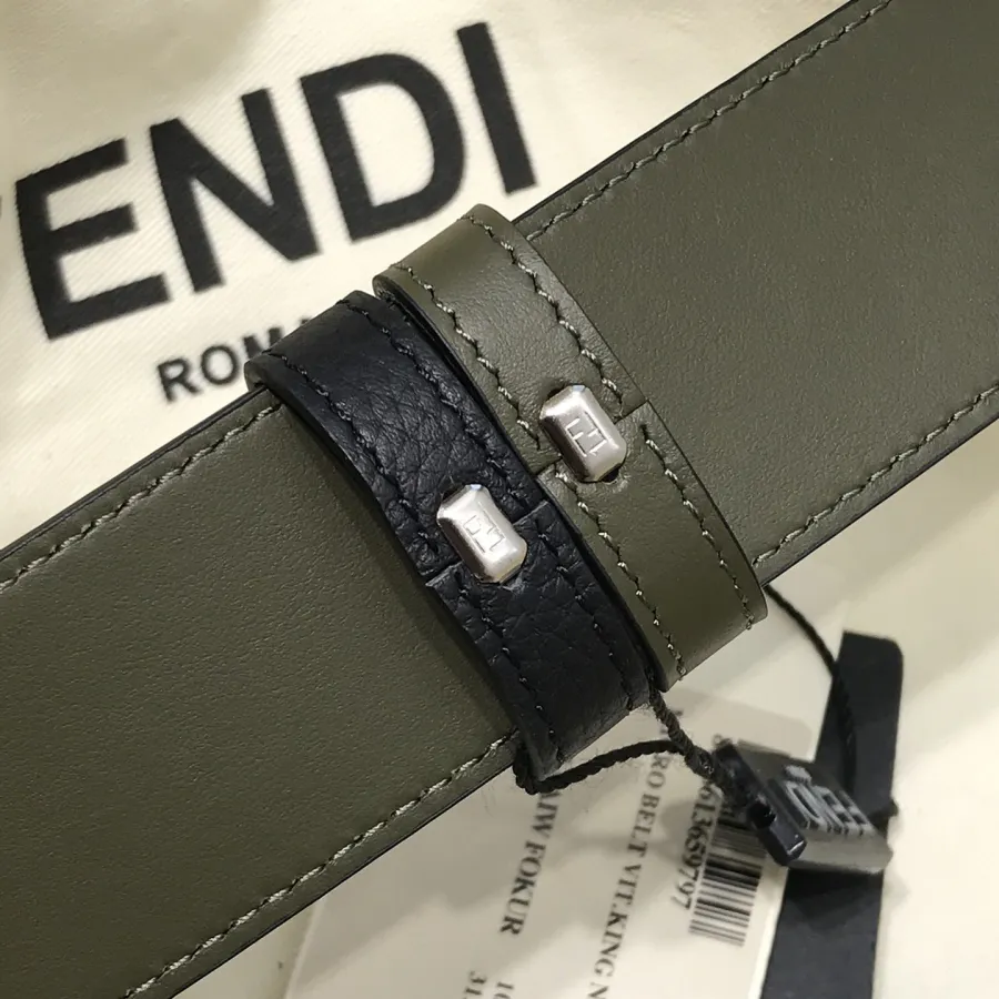 Fendi Men's Square Buckle Belt In Black/Olive Litchi Grain Calfskin With Silver Hardware 38mm