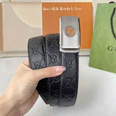 Gucci Men' s Rectangled Buckle Belt In Black/Brown Calfskin With Gold/Silver Hardware 35mm